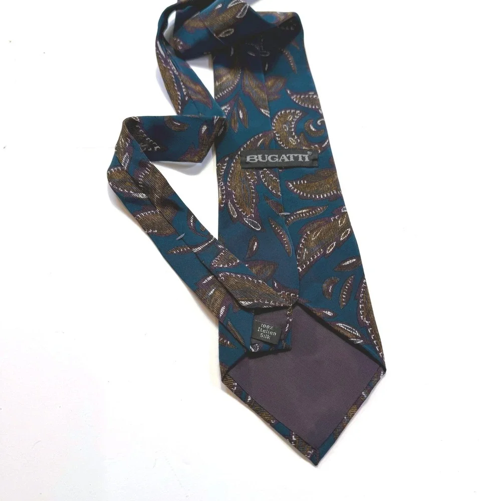 Bugatti Mens Teal Abstract Paisley Leaf 100% Italian Silk Necktie Classic Tie